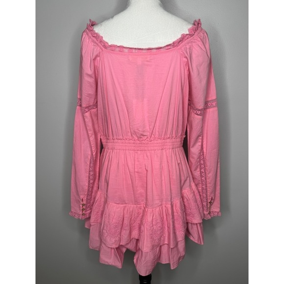 LoveShackFancy Sanaya Dress XL Vivid Pink Long‎ Sleeve Ruffle Tiered Lace Trim - Picture 9 of 16